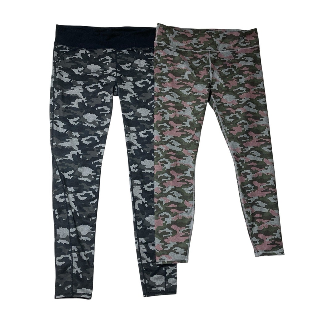 Lot of 2 Fabletics Define Powerhold Leggings XL Green Pink Black Gray Activewear